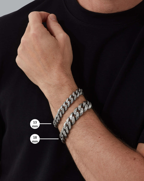 Close lifestyle shot of model wearing the 13mm and 18mm Cuban Leaf Bracelets