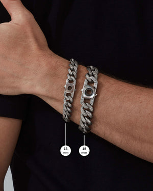 Close lifestyle shot of model wearing the 13 mm and 18mm Cuban Leaf Bracelets