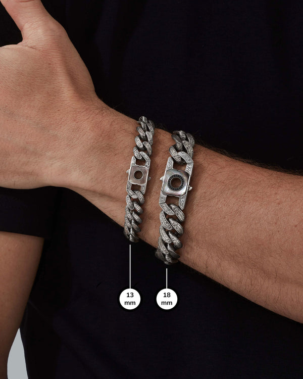 Close lifestyle shot of model wearing the 13 mm and 18mm Cuban Leaf Bracelets