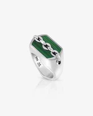 Men’s sterling silver Inline Malachite Signet Ring by Stephen Webster with green malachite inlay and Thorn motif