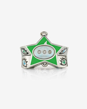 Close-up of neon-green enamel star and sterling-silver finish on Stephen Webster × Machine Gun Kelly Gossip Ring