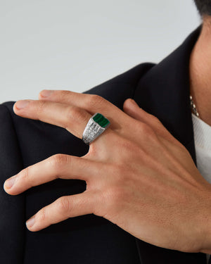 Side profile of the Cuban Leaf Pinky Ring — showing band width, depth and polished silver finish with malachite inlay