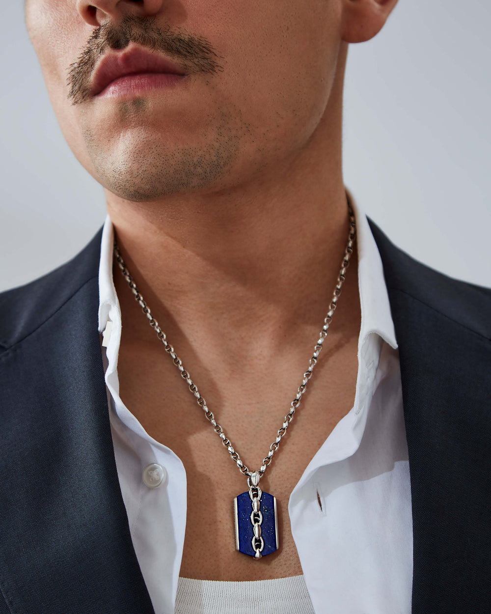 Men’s sterling silver Thorn Large Razer Tag Lapis necklace by Stephen Webster with blue lapis inlay on Thorn chain