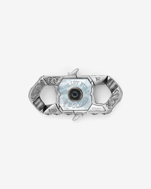 Stephen Webster Wrist Full of Dollars clasp in rose gold & sterling silver with central grey spinel and mother of pearl back plate — back view