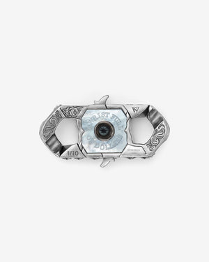 Stephen Webster Wrist Full of Dollars clasp in rose gold & sterling silver with central grey spinel and mother of pearl back plate — back view