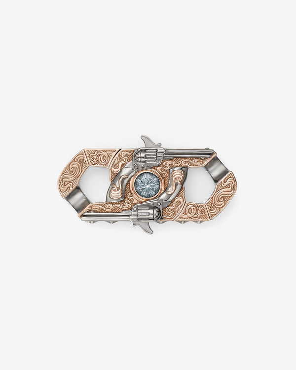 Stephen Webster Wrist Full of Dollars clasp in rose gold & sterling silver with central grey spinel and mother of pearl back plate — front view