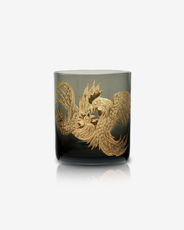 Stephen Webster X Artěl Cock Fight Double Old Fashioned Tumbler in Smoke Crystal with Gold Gilding, Front View