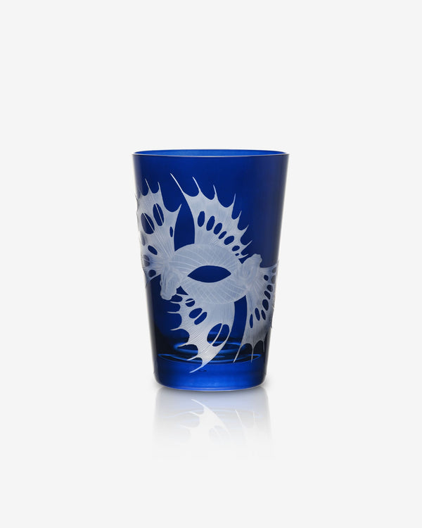 Stephen Webster x Artěl Fighting Fish Crystal Tumbler in Blue Ink with Hand-Engraved Fish Motif & Gold Gilding, Front View