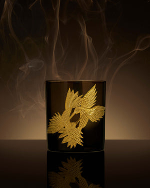 Stephen Webster x Artěl Flight Encounter Double Old Fashioned Tumbler on Artistic Background Showcasing Handcrafted Crystal & Gold Detail
