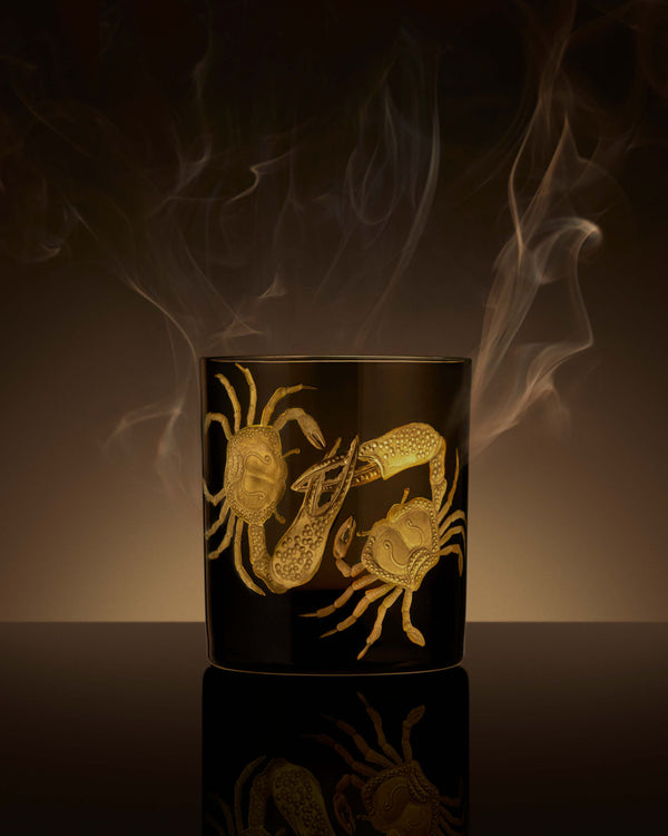 Stephen Webster x Artěl Rock Brawl Double Old Fashioned Crystal Tumbler on Artistic Background Highlighting Handcrafted Crystal and Gold Detail