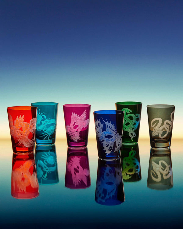 Stephen Webster x Artěl Waltz of the Wild Glassware Crystal Tumbler Collection on Artistic Backdrop Showcasing Handcrafted Crystal Detail