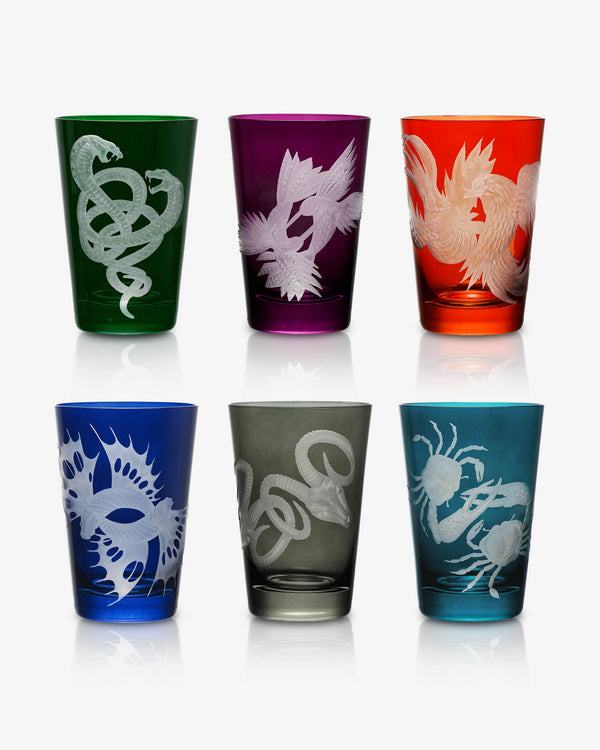 Stephen Webster x Artěl Waltz of the Wild Set of 6 Coloured Crystal Tumblers with Hand-Engraved Motifs & Gold Gilding, Front View