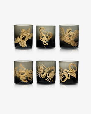 Stephen Webster x Artěl Waltz of the Wild Set of 6 Double Old Fashioned Crystal Tumblers with Hand-Engraved Motifs & Gold Gilding, Front View