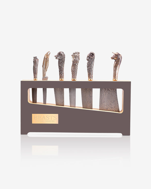 Beasts Knife Set with wooden block, bronze handles and steel blades