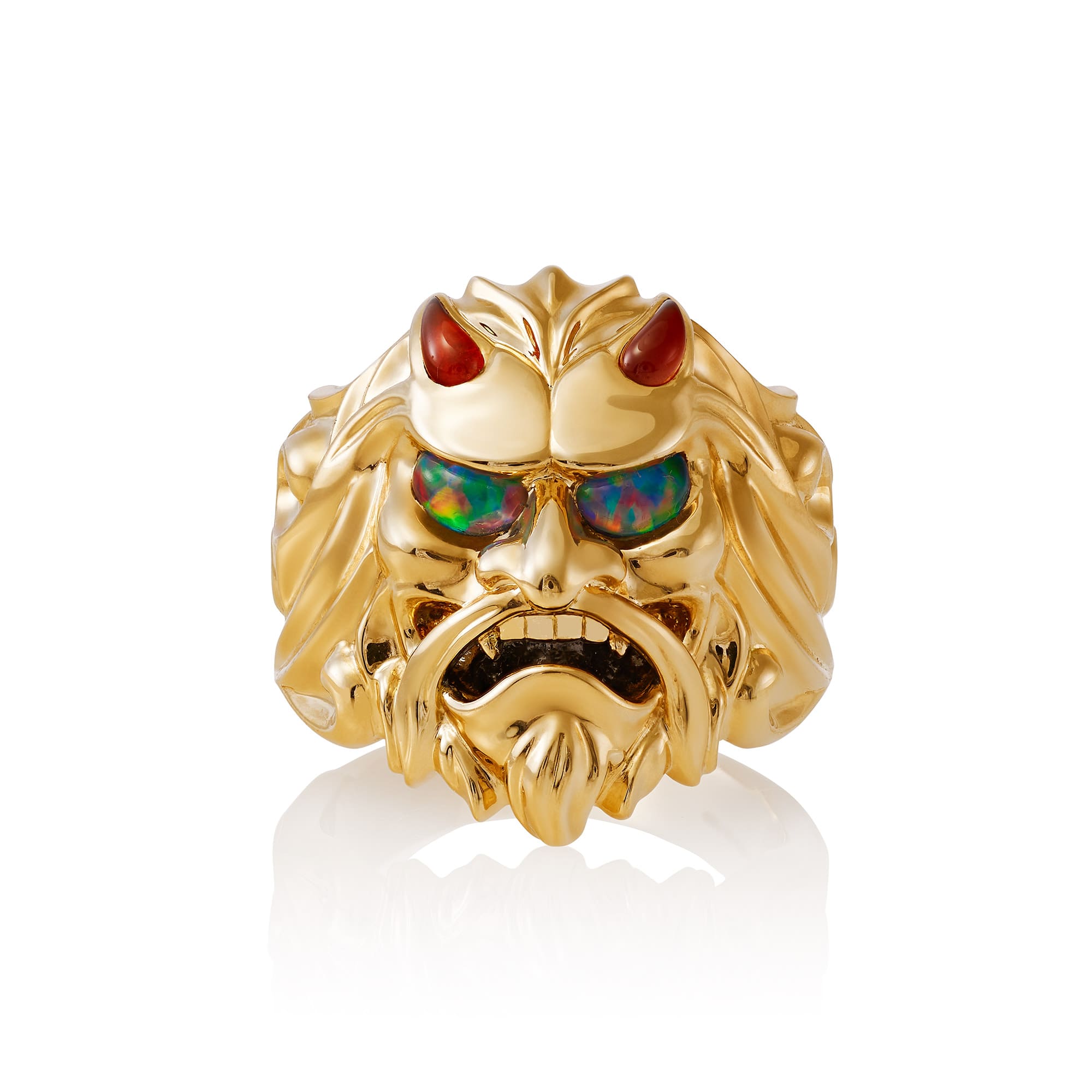 Finished bespoke Stephen Webster Kabuki Mask Ring, jewellery handcrafted to a client's unique design
