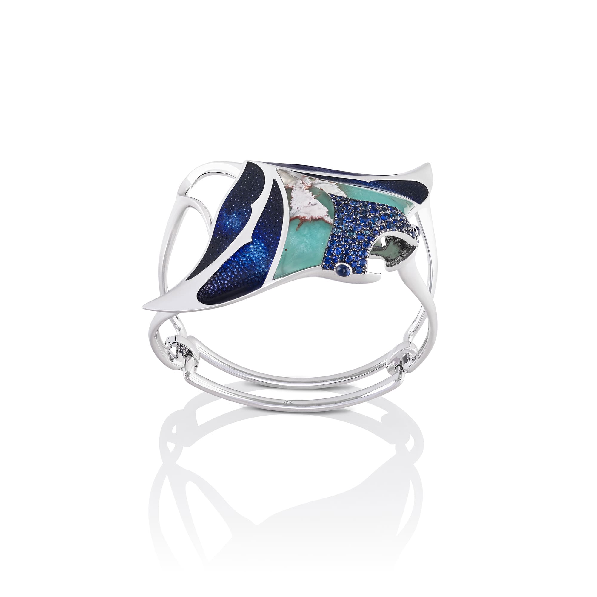 Finished bespoke Stephen Webster Manta Ray Cuff, jewellery handcrafted to a client's unique design