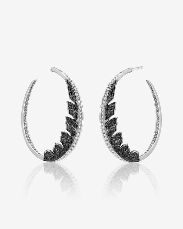 Black Diamond Pavé Plume Hoop Earrings in 18ct white gold with dramatic feather-inspired design and black diamonds