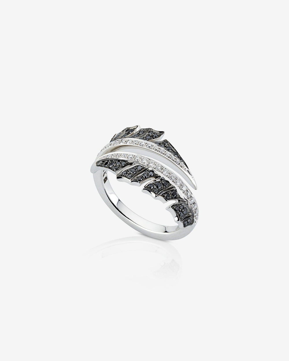 Black Diamond Pavé Plume Split Ring in 18ct white gold with black and white diamond pavé inspired by feather motifs