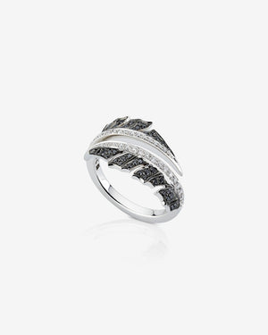 Black Diamond Pavé Plume Split Ring in 18ct white gold with black and white diamond pavé inspired by feather motifs