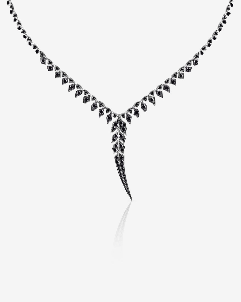 Black Diamond Pavé Tail Feather Drop Necklace in 18ct white gold — luxury feather jewellery design