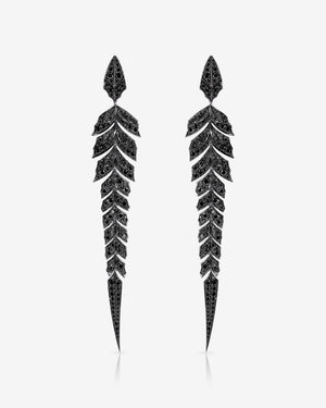 Black Diamond Pavé Tail Feather Long Drop Earrings in 18ct white gold — luxury feather jewellery design