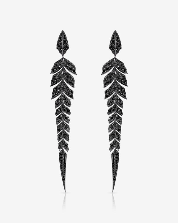 Black Diamond Pavé Tail Feather Long Drop Earrings in 18ct white gold — luxury feather jewellery design