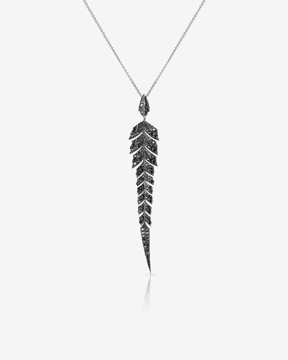 Black Diamond Pavé Tail Feather Long Drop Pendant in 18ct white gold — luxury feather jewellery design