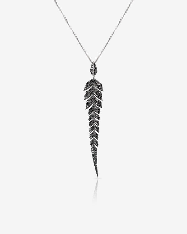 Black Diamond Pavé Tail Feather Long Drop Pendant in 18ct white gold — luxury feather jewellery design