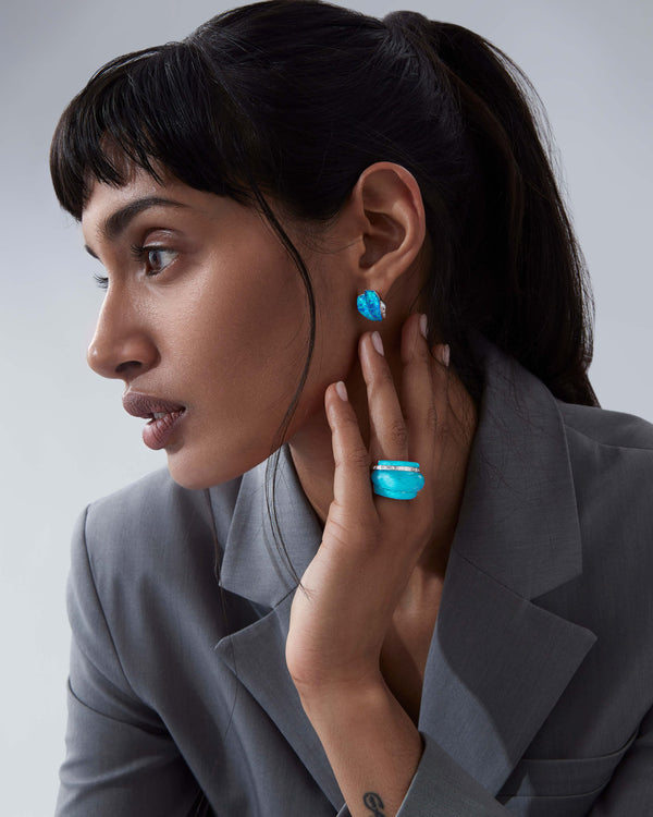 Black opalescent eye Crystal Haze shard cuff earrings styled with other Stephen Webster Crystal Haze jewellery