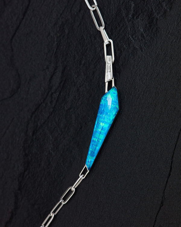 Close-up of black opalescent Crystal Haze gemstones and diamond shard links on 18ct white gold slimline choker