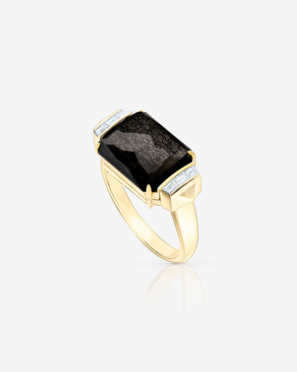 Reverse view of Chrysolemon Obsidian Crystal Haze tablet twister slim ring in 18ct yellow gold with diamond accents