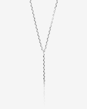 Hanging profile of Stephen Webster Classic Thorn silver lariat necklace showing thorn motif chain and drop detail