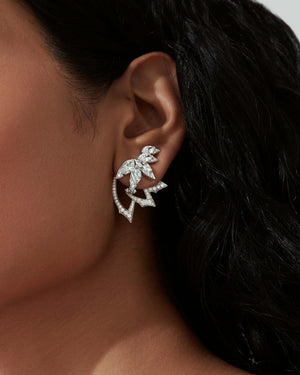 Close-up of white diamond pavé and feather-inspired detail on Plumage Earstuds
