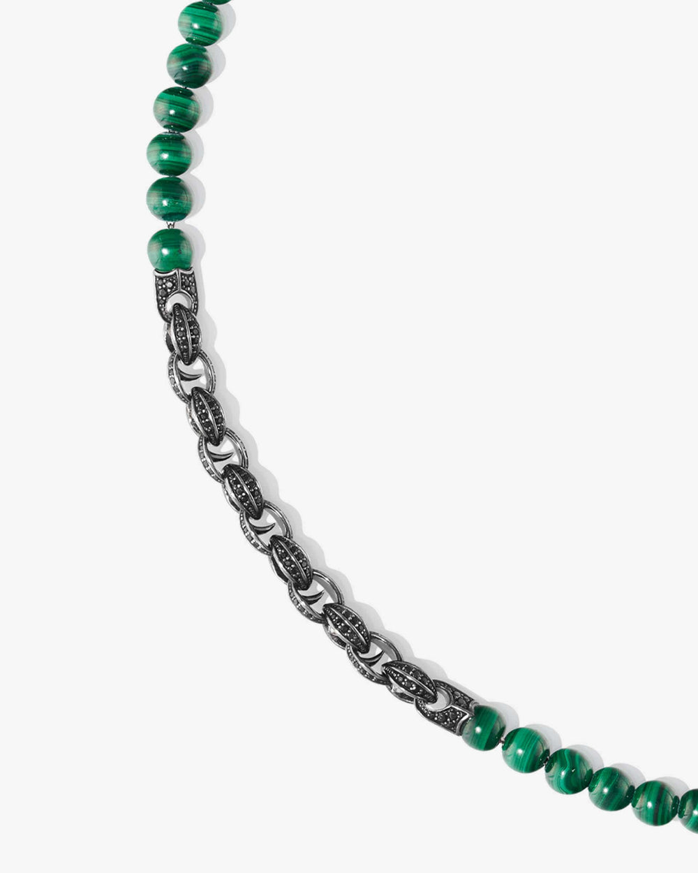 Men’s sterling silver Thorn Black Sapphire & Malachite Beaded Necklace by Stephen Webster with green malachite gemstone beads and black sapphire Thorn links