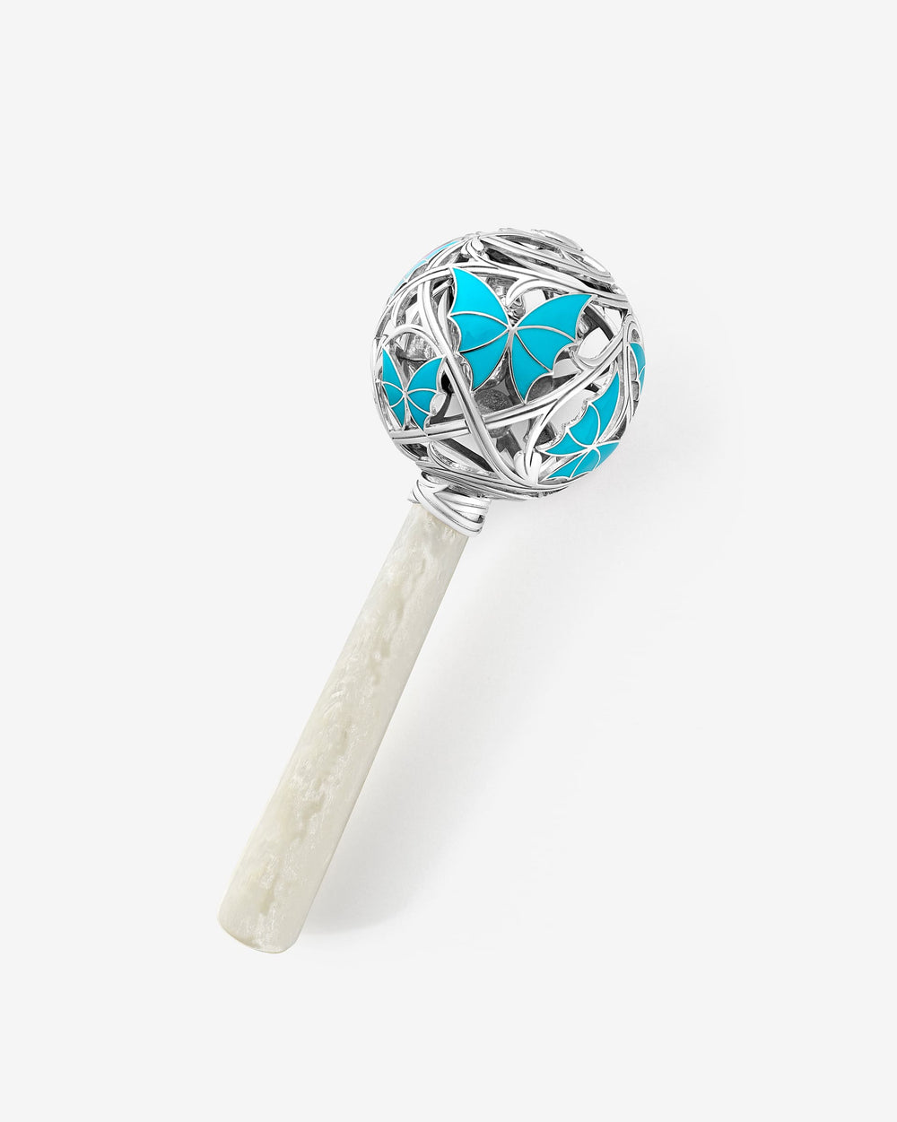 'Cry By Night' Rattle' in sterling silver turquoise enamel butterfly design, thorn-inspired openwork and mother-of-pearl handle.