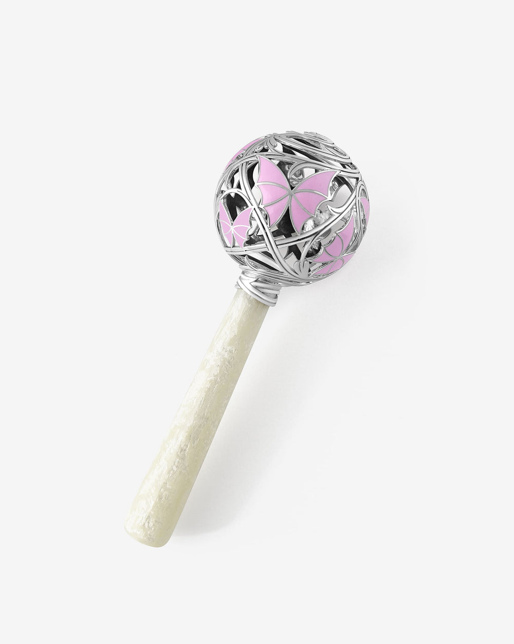 'Cry By Night' Rattle' in sterling silver pink enamel butterfly design, thorn-inspired openwork and mother-of-pearl handle.