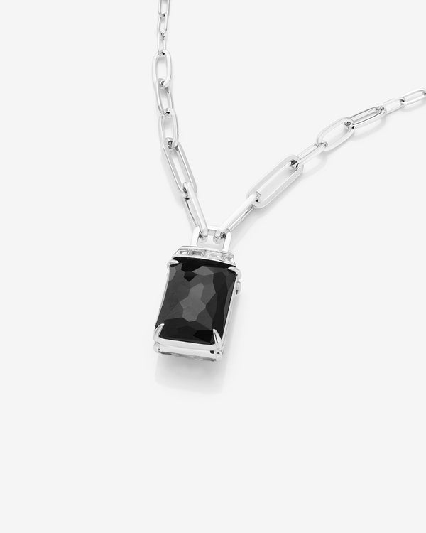 Angle view of Crystal Haze and diamonds tablet twister pendant in 18ct white gold necklace