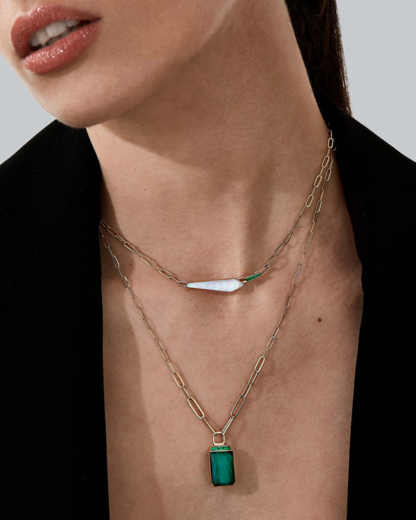 Crystal Haze and emeralds tablet twister pendant styled with other Stephen Webster Crystal Haze jewellery