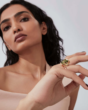 Side profile of Double Dutch Rebelles Ring showing rose-gold band and diamond snake detail