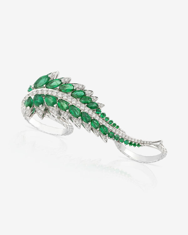 Emerald Plumage Three Finger Ring in 18ct white gold with marquise emeralds and white diamond pavé