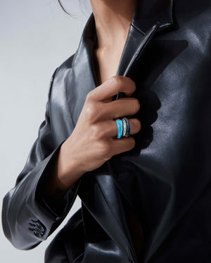 Falcon’s Eye Crystal Haze slimline shard stack ring styled with other Stephen Webster Crystal Haze jewellery