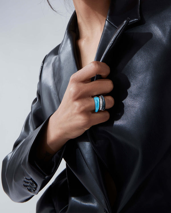 Falcon’s Eye Crystal Haze slimline shard stack ring styled with other Stephen Webster Crystal Haze jewellery