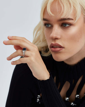 Falcon’s Eye Deco slim twister ring worn on hand in 18ct white gold - side view