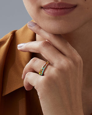 Fire opalescent Crystal Haze slimline shard stack ring worn on hand in 18ct yellow gold