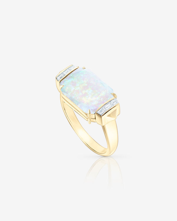 Reverse view of fire opalescent Deco slim twister ring in 18ct yellow gold
