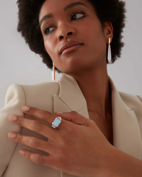 Fire opalescent Deco slim twister ring styled with other Stephen Webster Crystal Haze jewellery