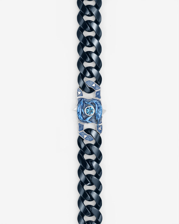 Stephen Webster Fish Brawler clasp in sterling silver — paired with 18mm Cuban Bracelet in polished navy blue ceramic