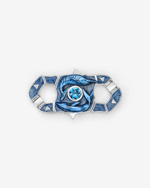 Stephen Webster Fish Brawler clasp in sterling silver with central aquamarine with blue enamel and mother of pearl back plate — front view