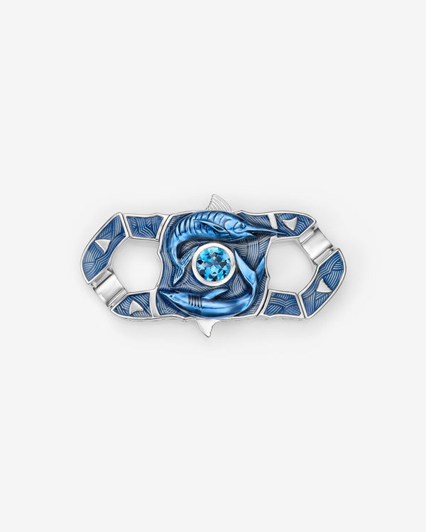 Stephen Webster Fish Brawler clasp in sterling silver with central aquamarine with blue enamel and mother of pearl back plate — front view