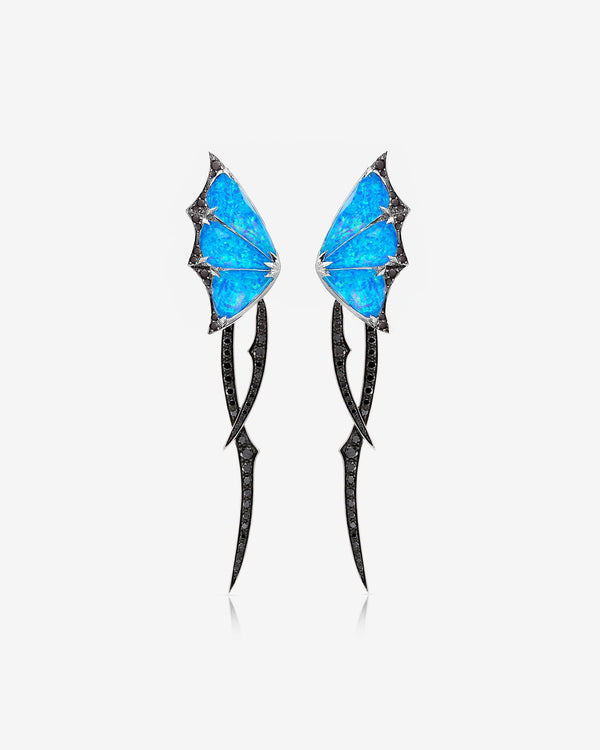 Fly By Night blue butterfly drop earrings in 18k white gold with black opalescent crystal haze and diamond pavé